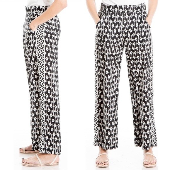 Max Studio Wide Leg Pants Black Cream Pop Surf Geo Print Women’s Size Medium - Picture 1 of 12